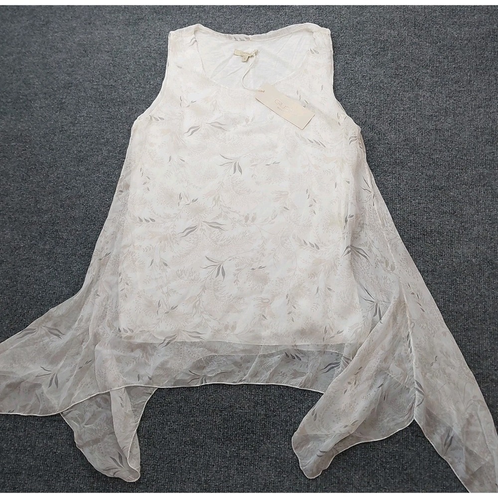 NWT Giusy Italian Silk Ivory White Floral Asymmetric Tunic Tank Top Size Small